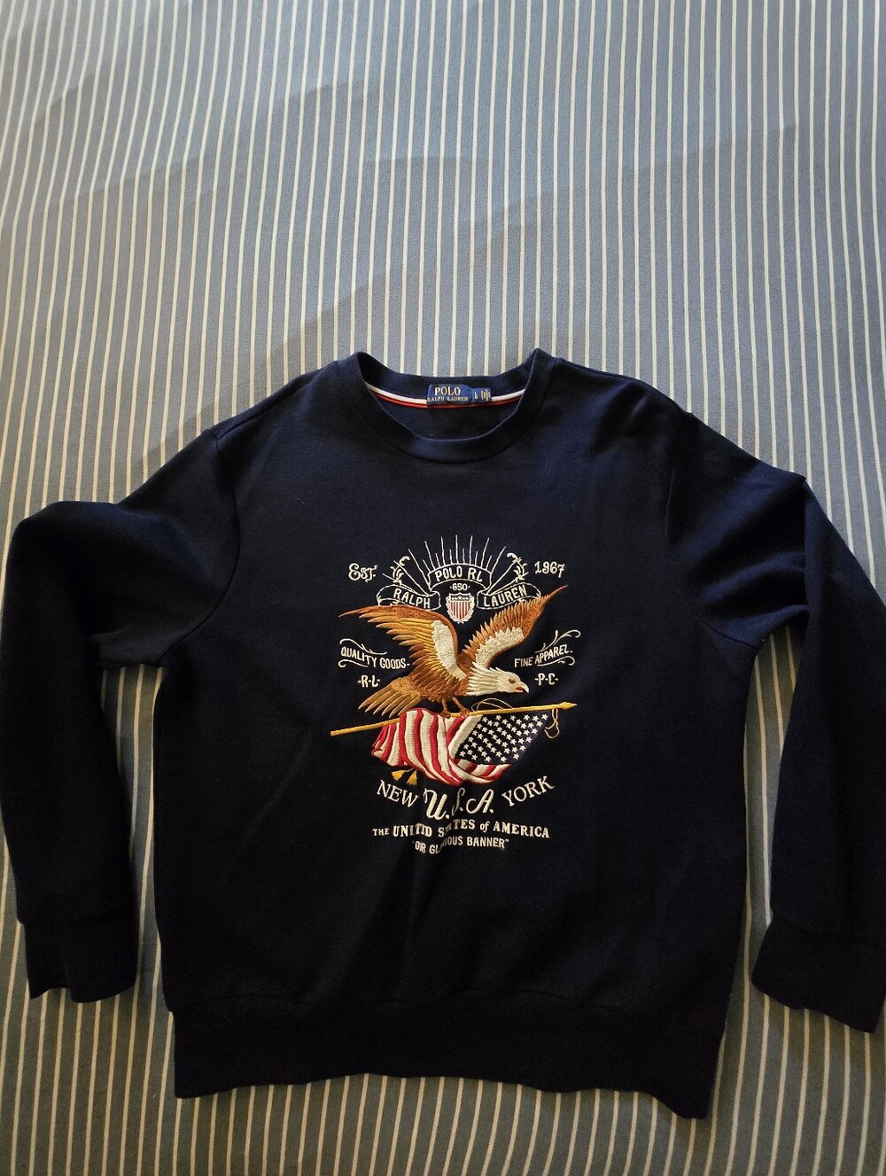 Ralph Lauren Navy Crewneck Sweatshirt with Eagle & Flag Embroidery